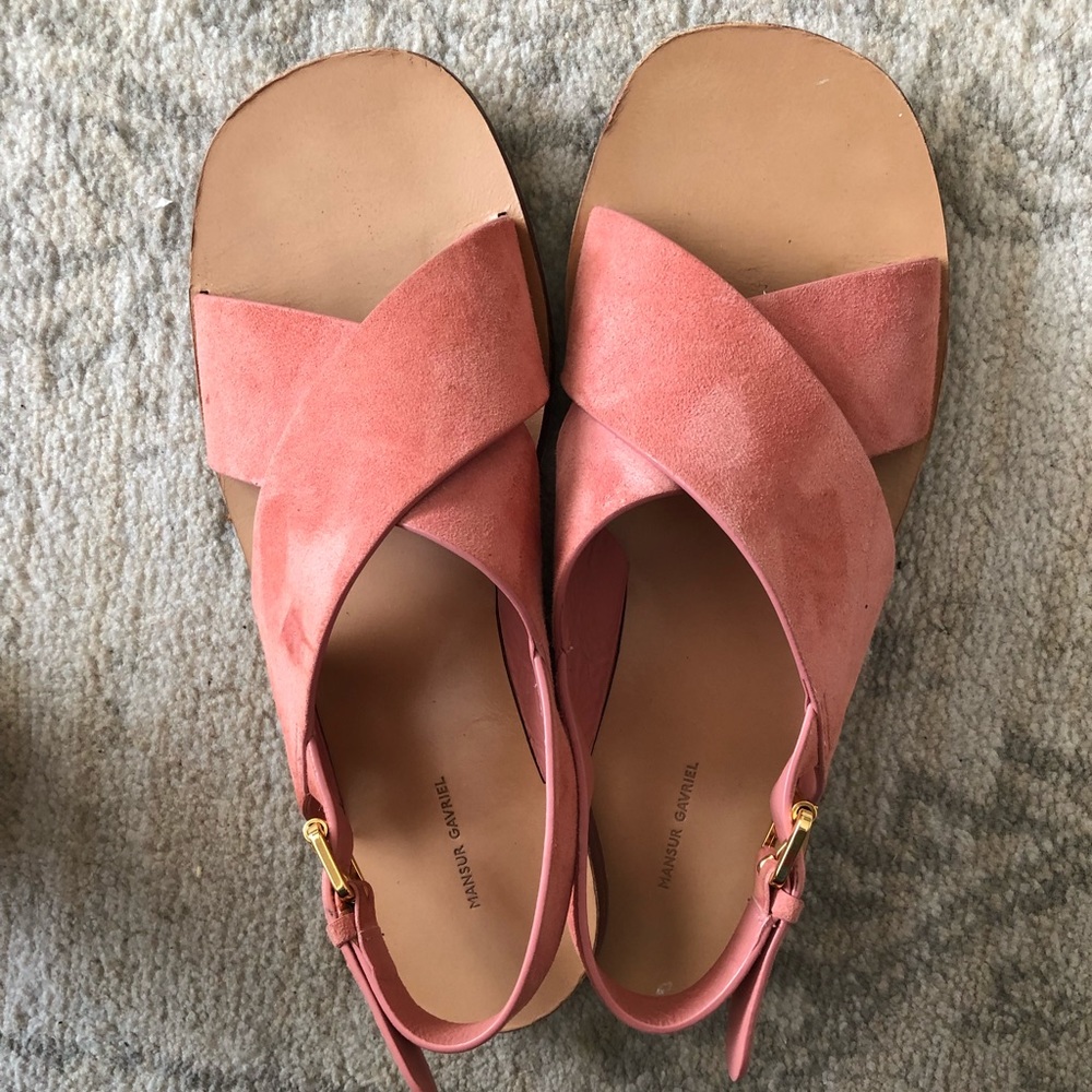 Mansur Gavriel pink suede crossover sandals